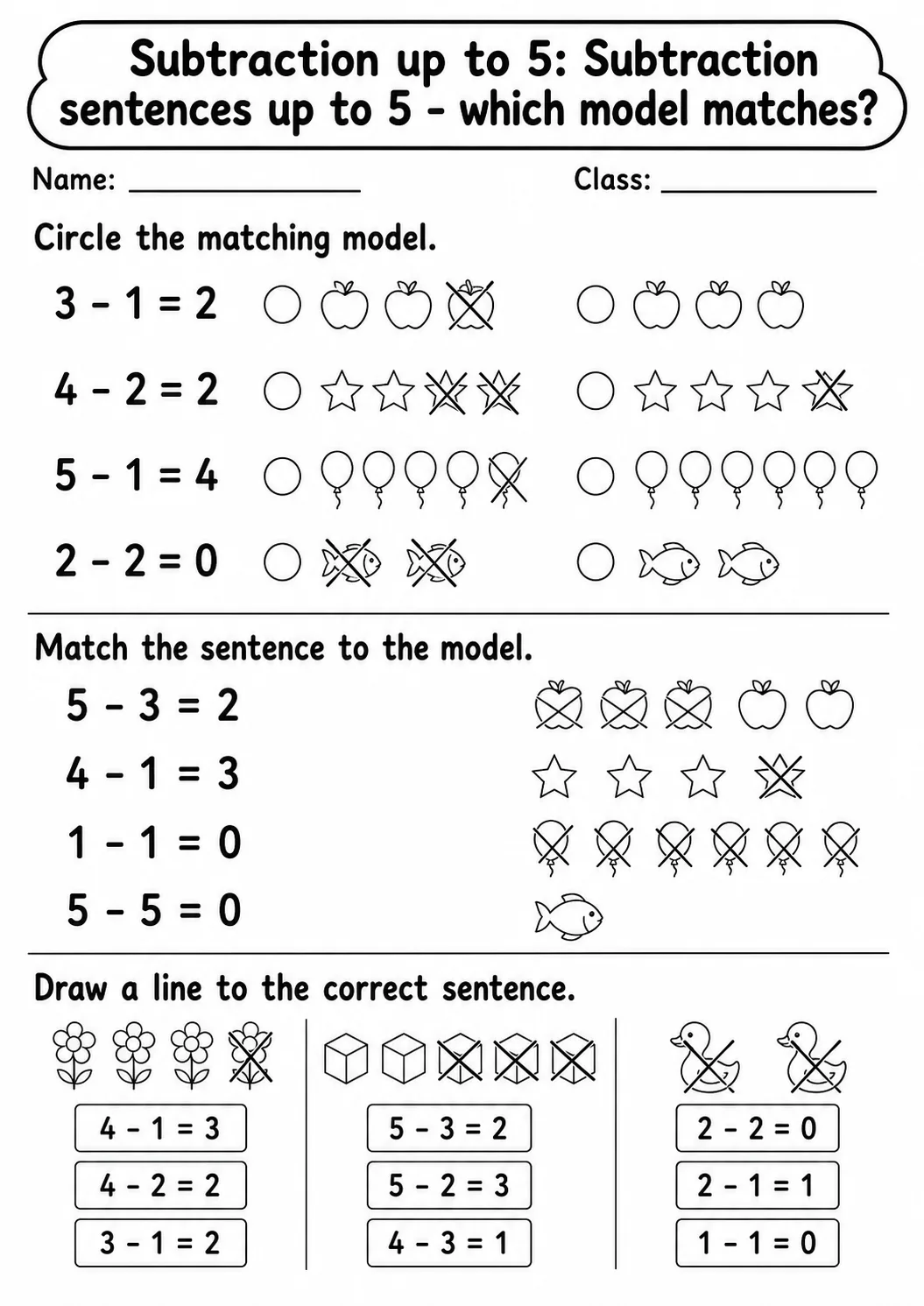 Pre-K Subtraction up to 5 Math Worksheet Pack page 4 printable worksheet preview
