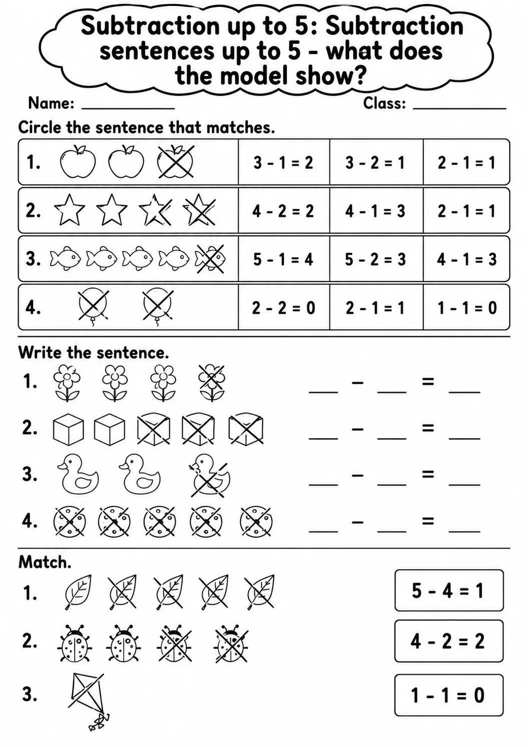 Pre-K Subtraction up to 5 Math Worksheet Pack page 5 printable worksheet preview