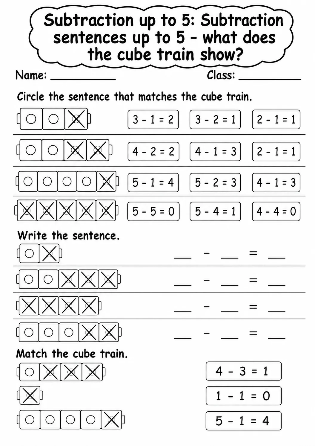 Pre-K Subtraction up to 5 Math Worksheet Pack page 6 printable worksheet preview