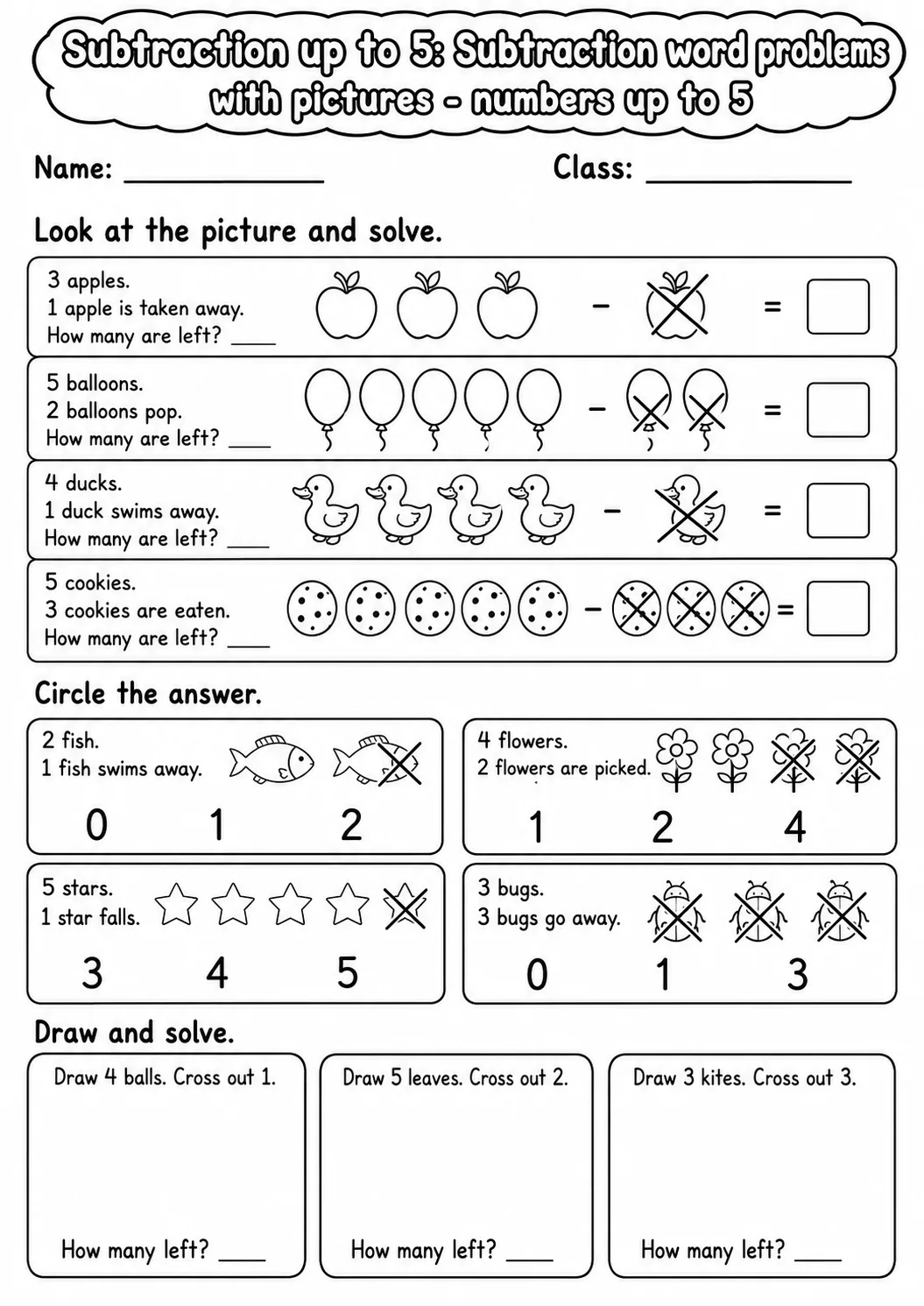 Pre-K Subtraction up to 5 Math Worksheet Pack page 7 printable worksheet preview