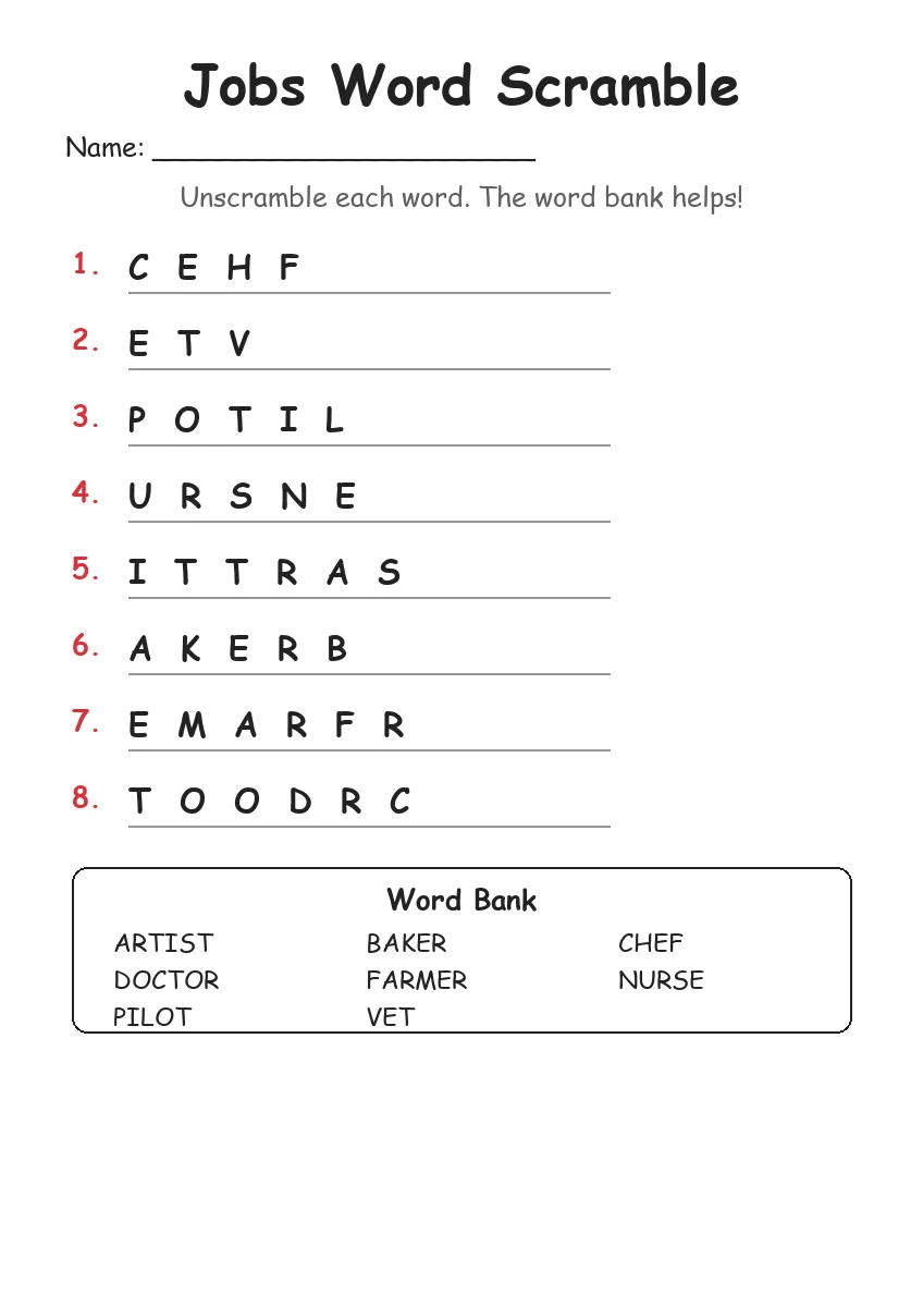 Jobs word scramble worksheet for Grade 1