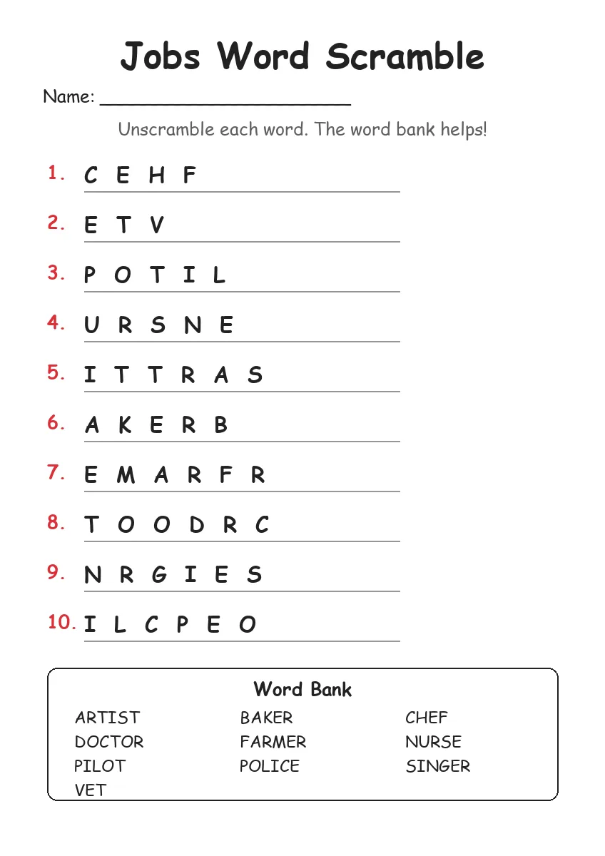 Jobs word scramble worksheet for Grade 3