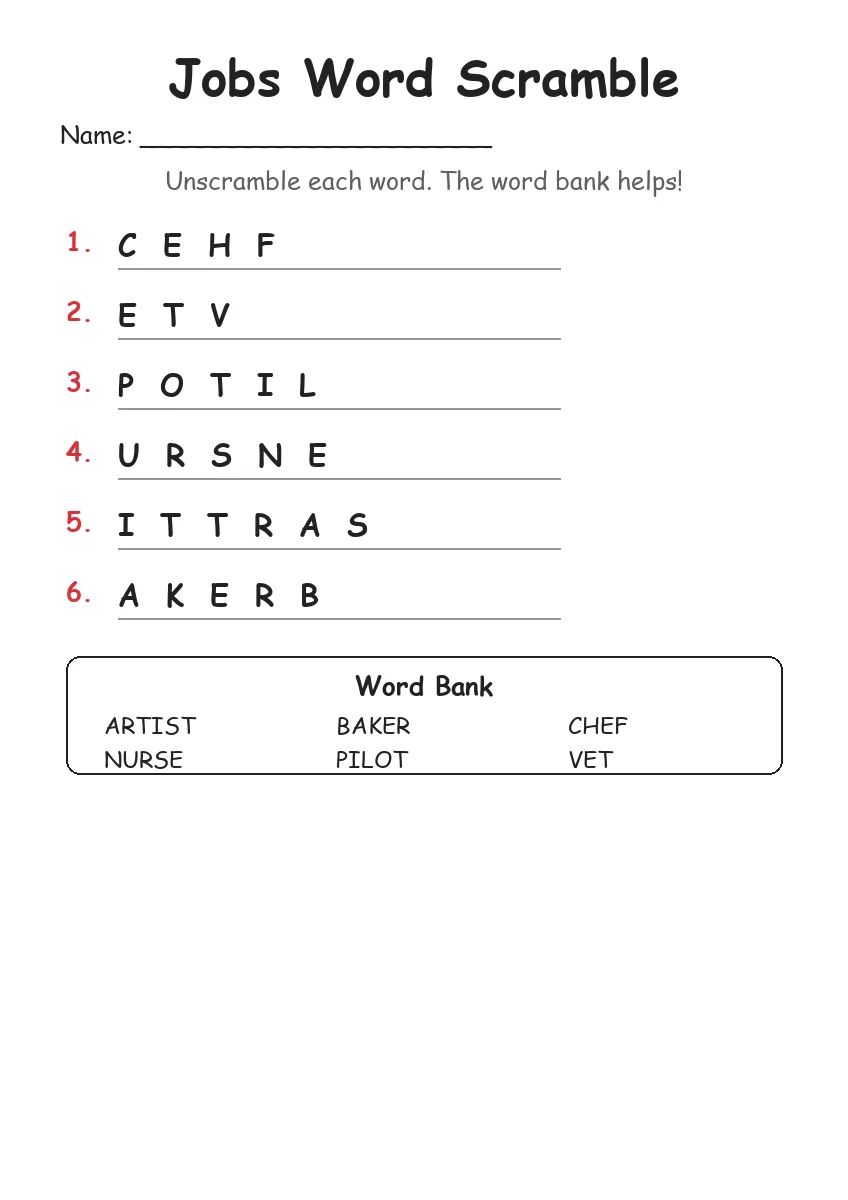 Jobs word scramble worksheet for Kindergarten