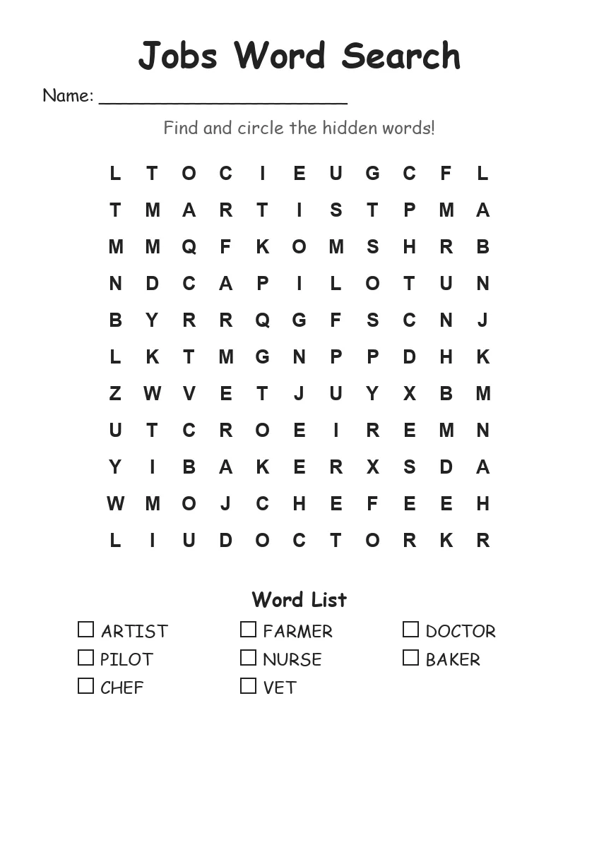 Jobs word search worksheet for Grade 1