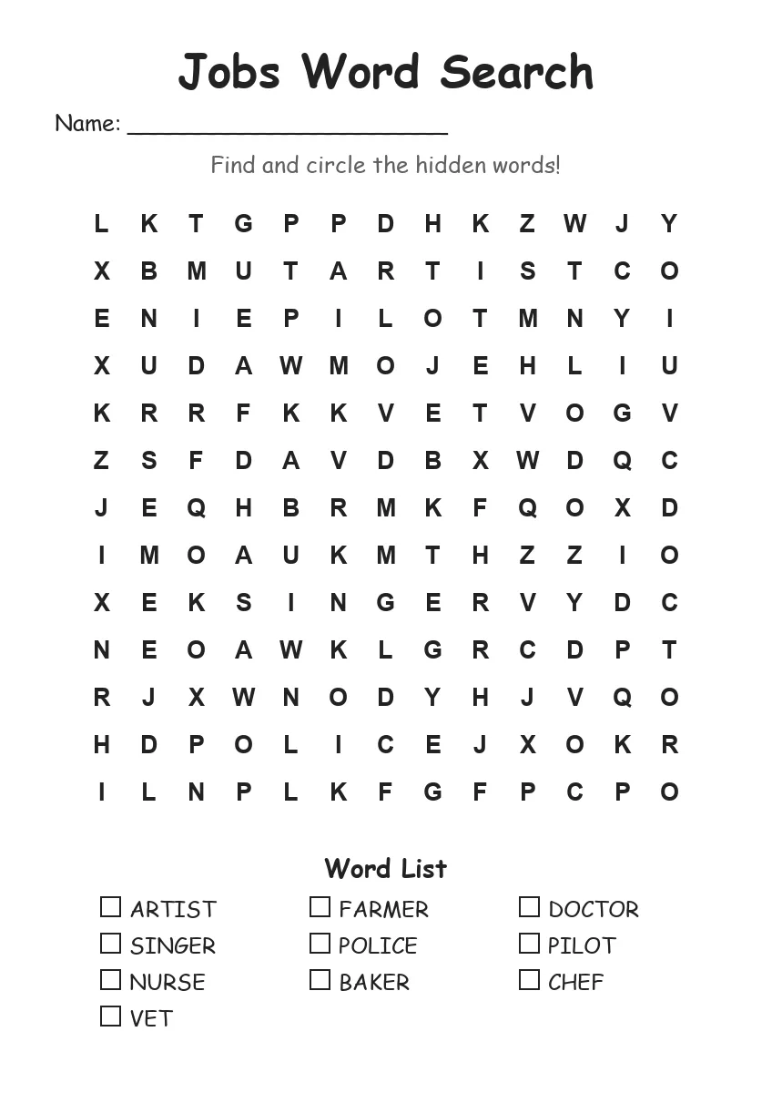 Jobs word search worksheet for Grade 2