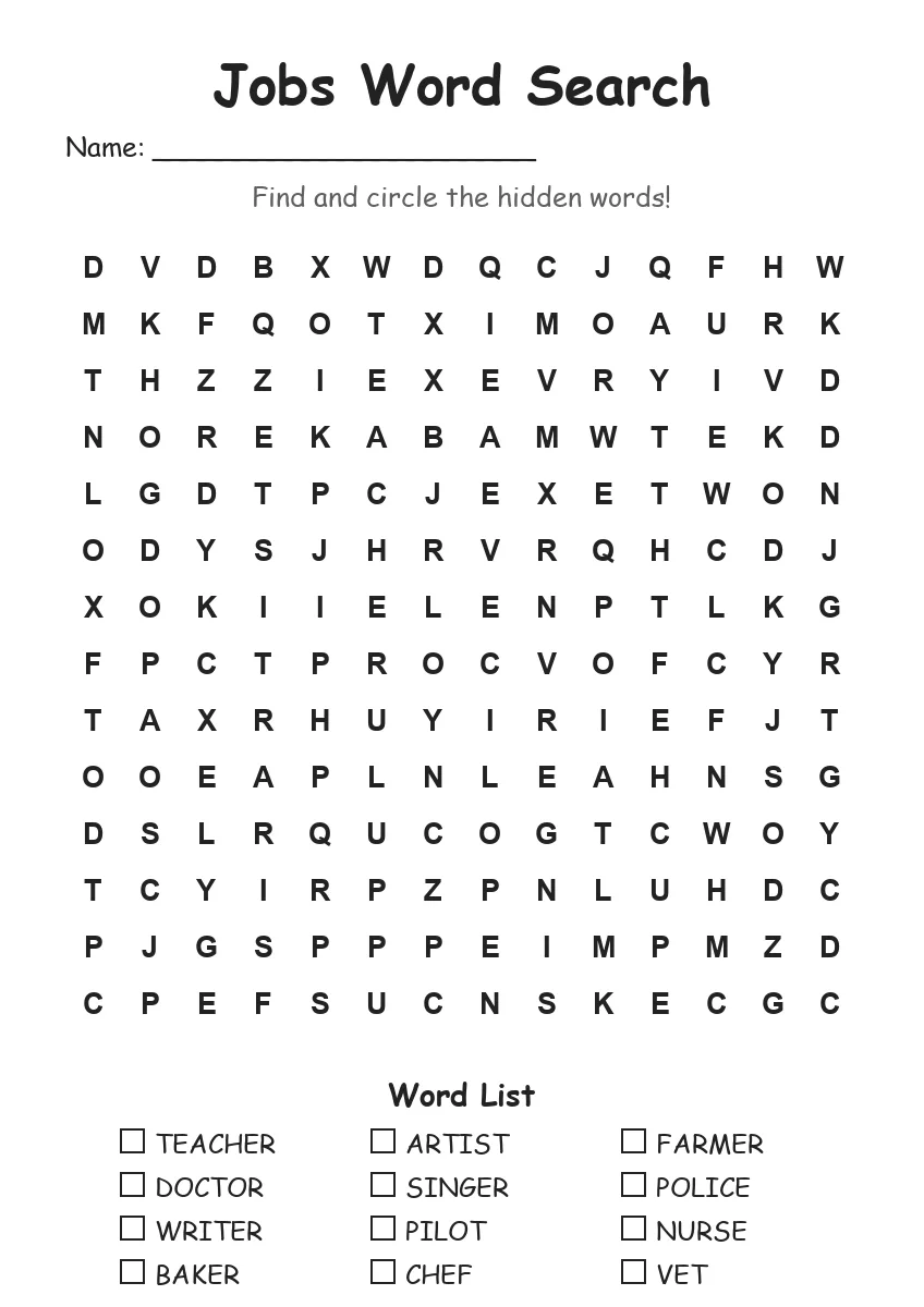 Jobs word search worksheet for Grade 3