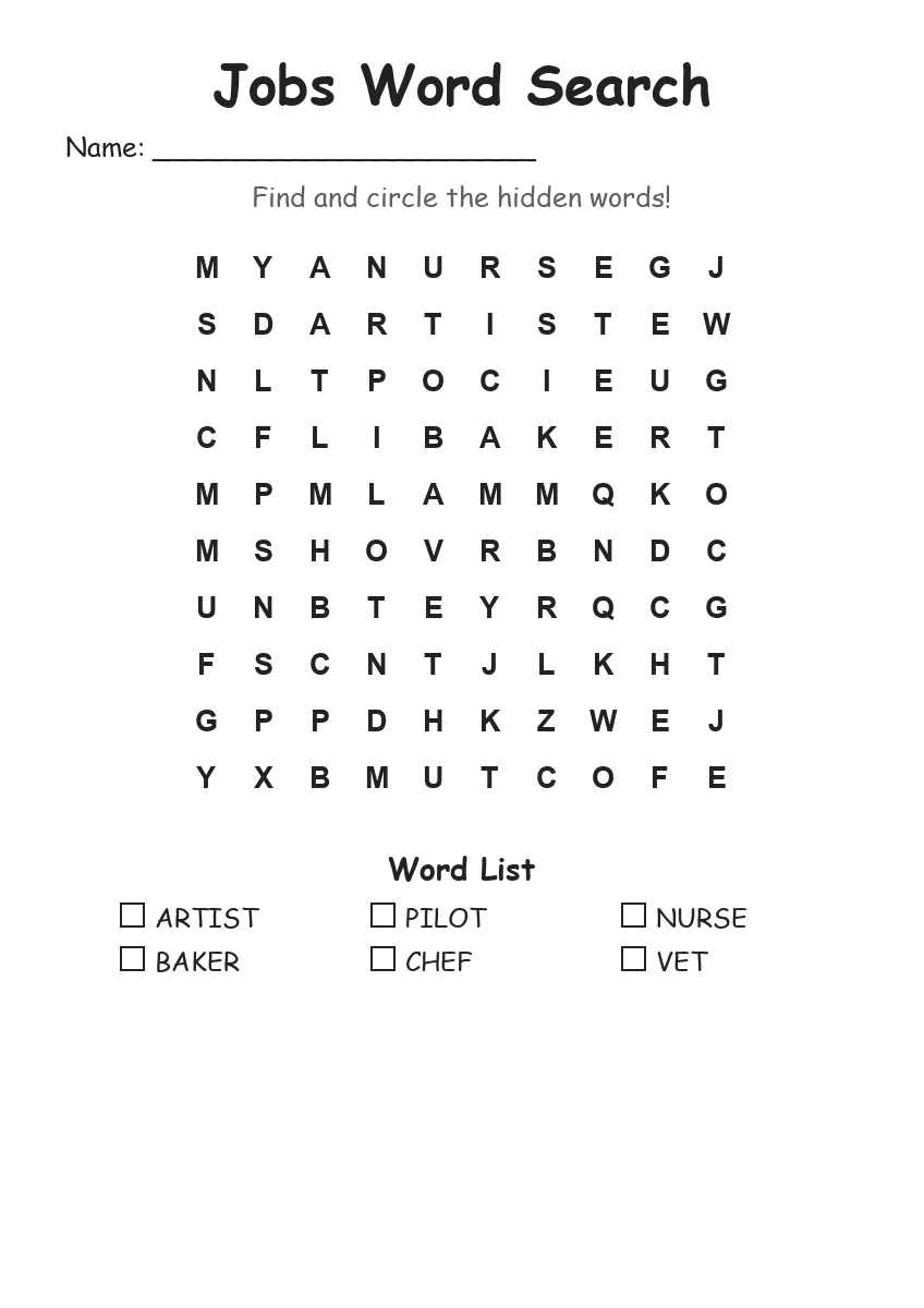 Jobs word search worksheet for Kindergarten