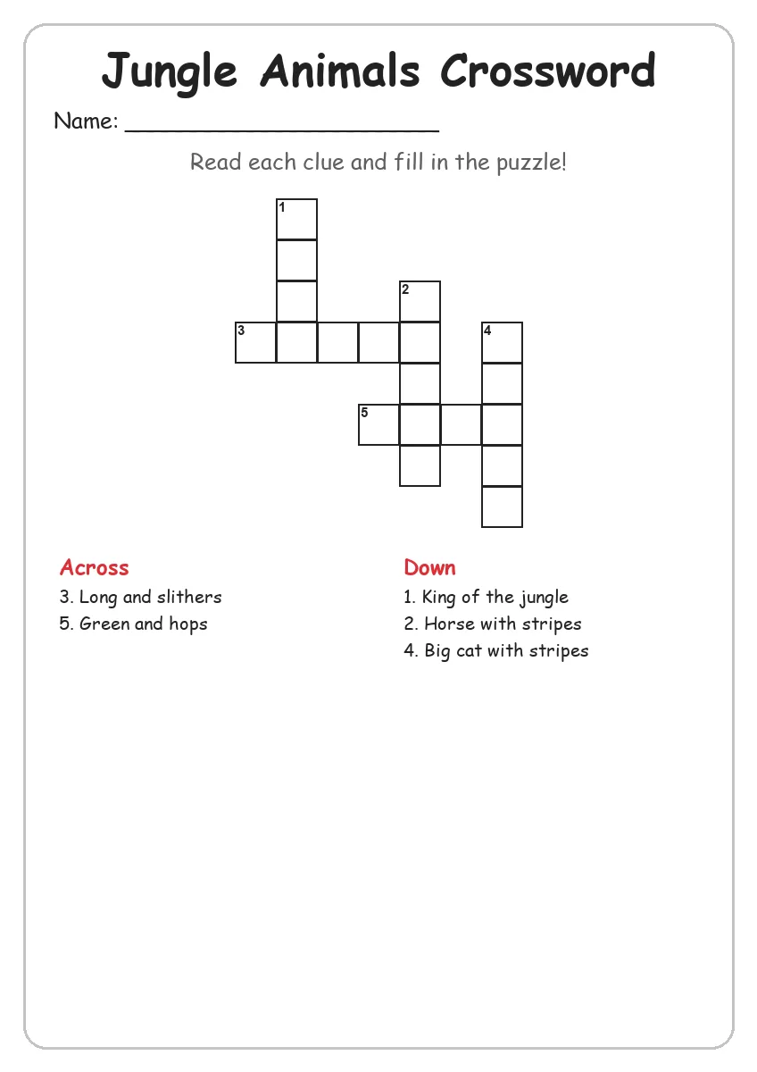 Jungle Animals crossword worksheet for Grade 1