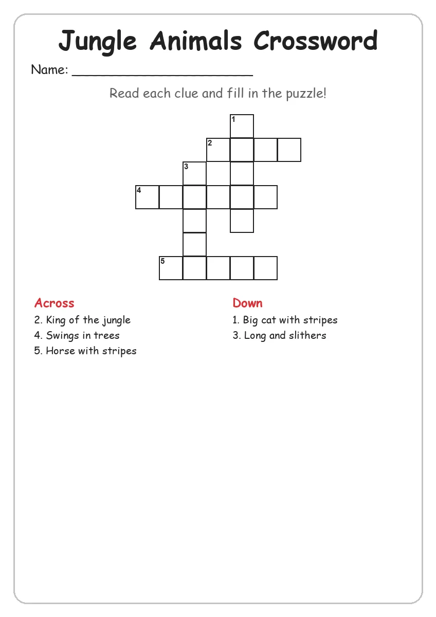 Jungle Animals crossword worksheet for Grade 2