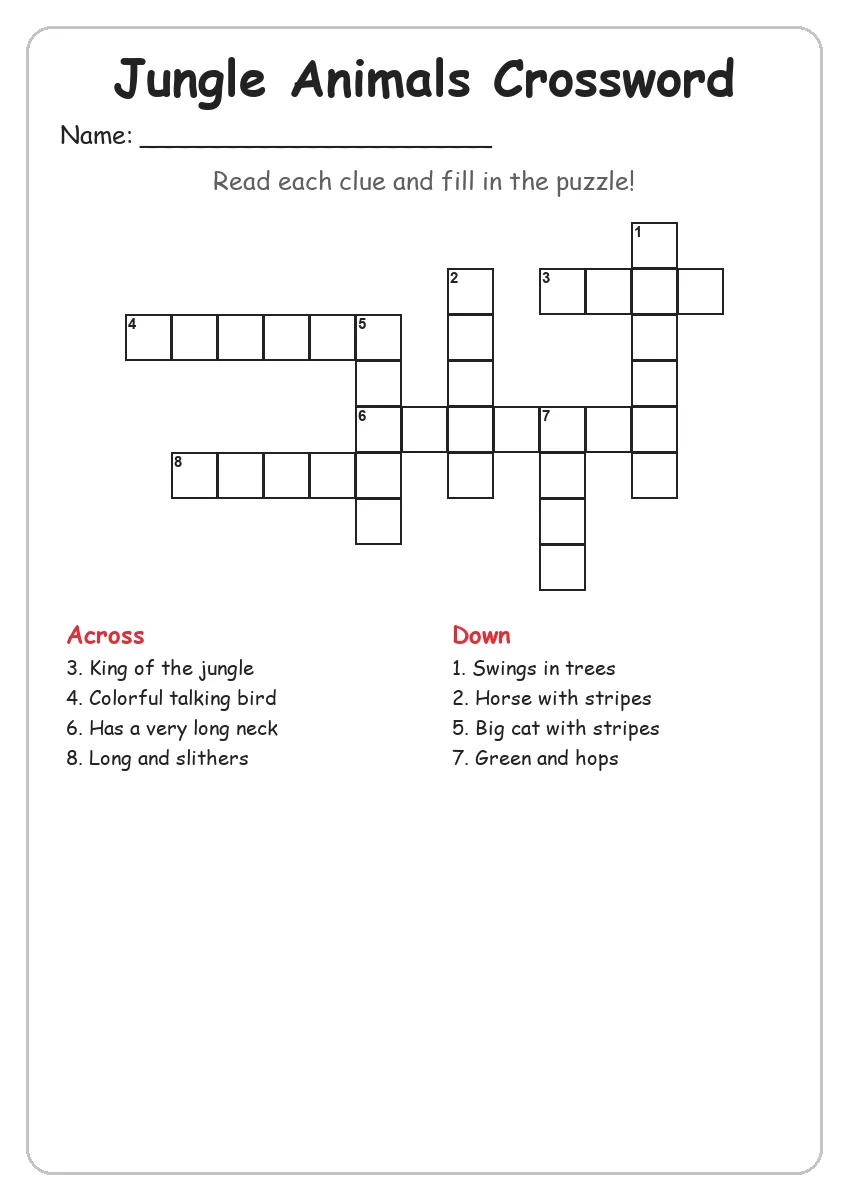Jungle Animals crossword worksheet for Grade 3