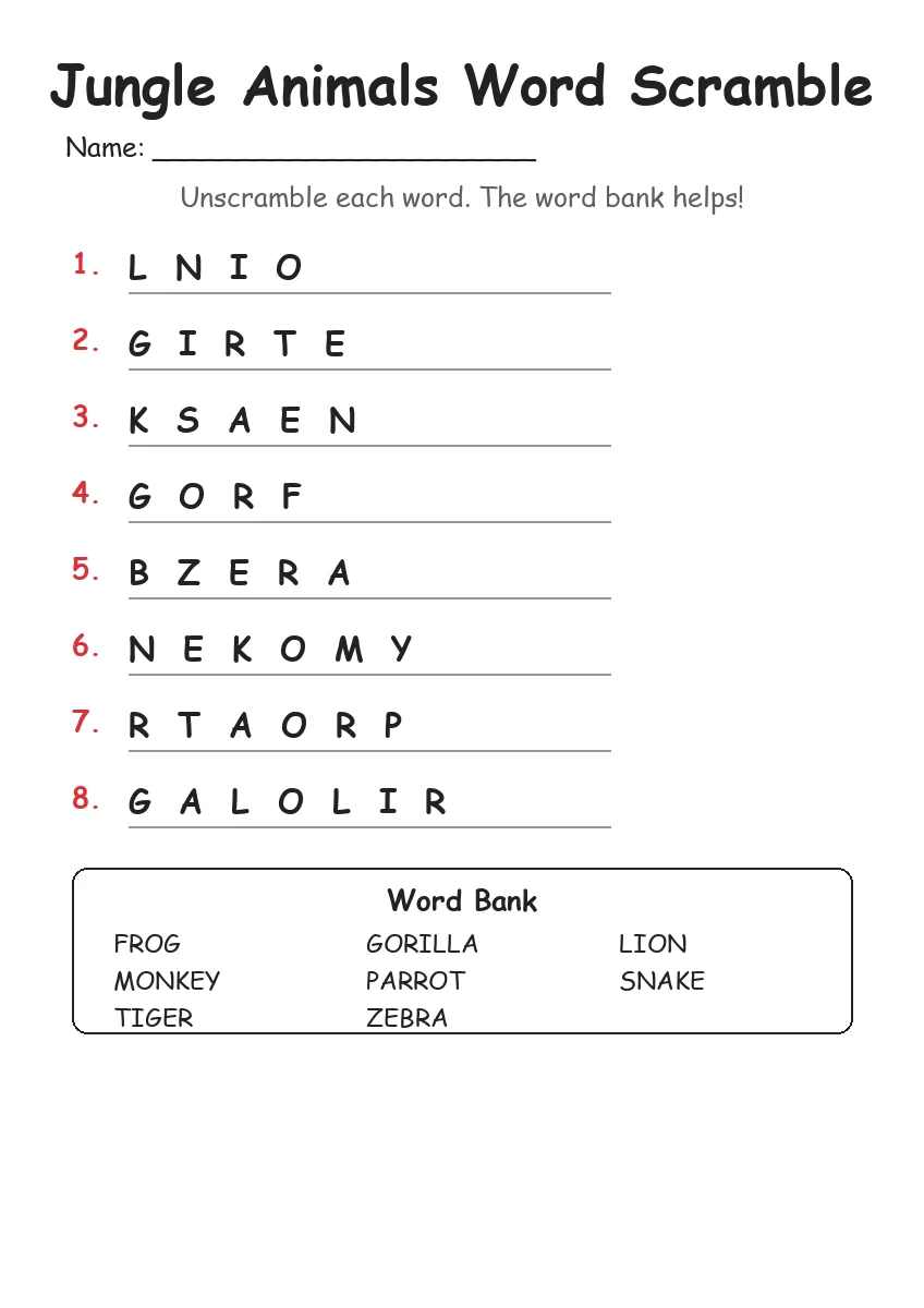Jungle Animals word scramble worksheet for Grade 1