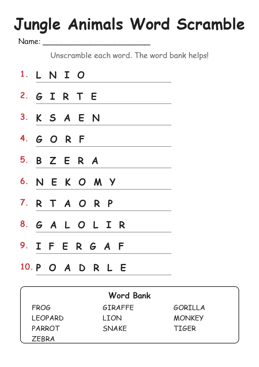 Jungle Animals word scramble worksheet for Grade 3