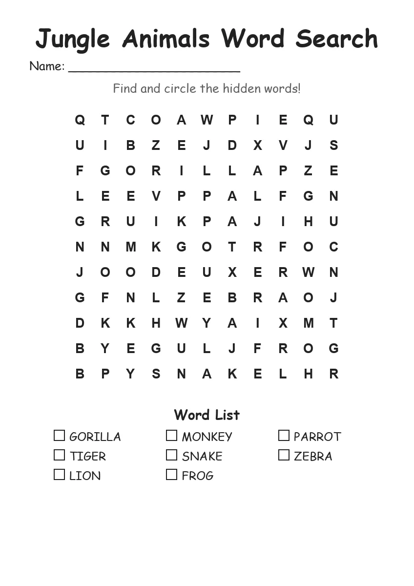 Jungle Animals word search worksheet for Grade 1
