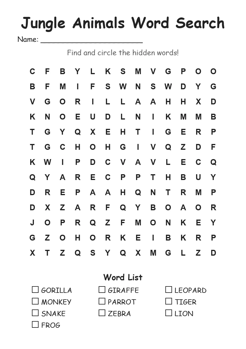 Jungle Animals word search worksheet for Grade 2
