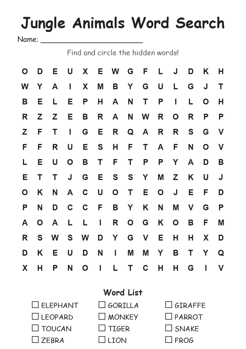 Jungle Animals word search worksheet for Grade 3