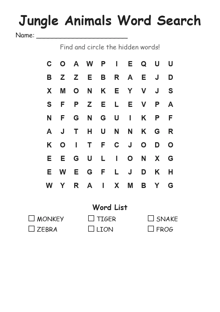 Jungle Animals word search worksheet for Kindergarten