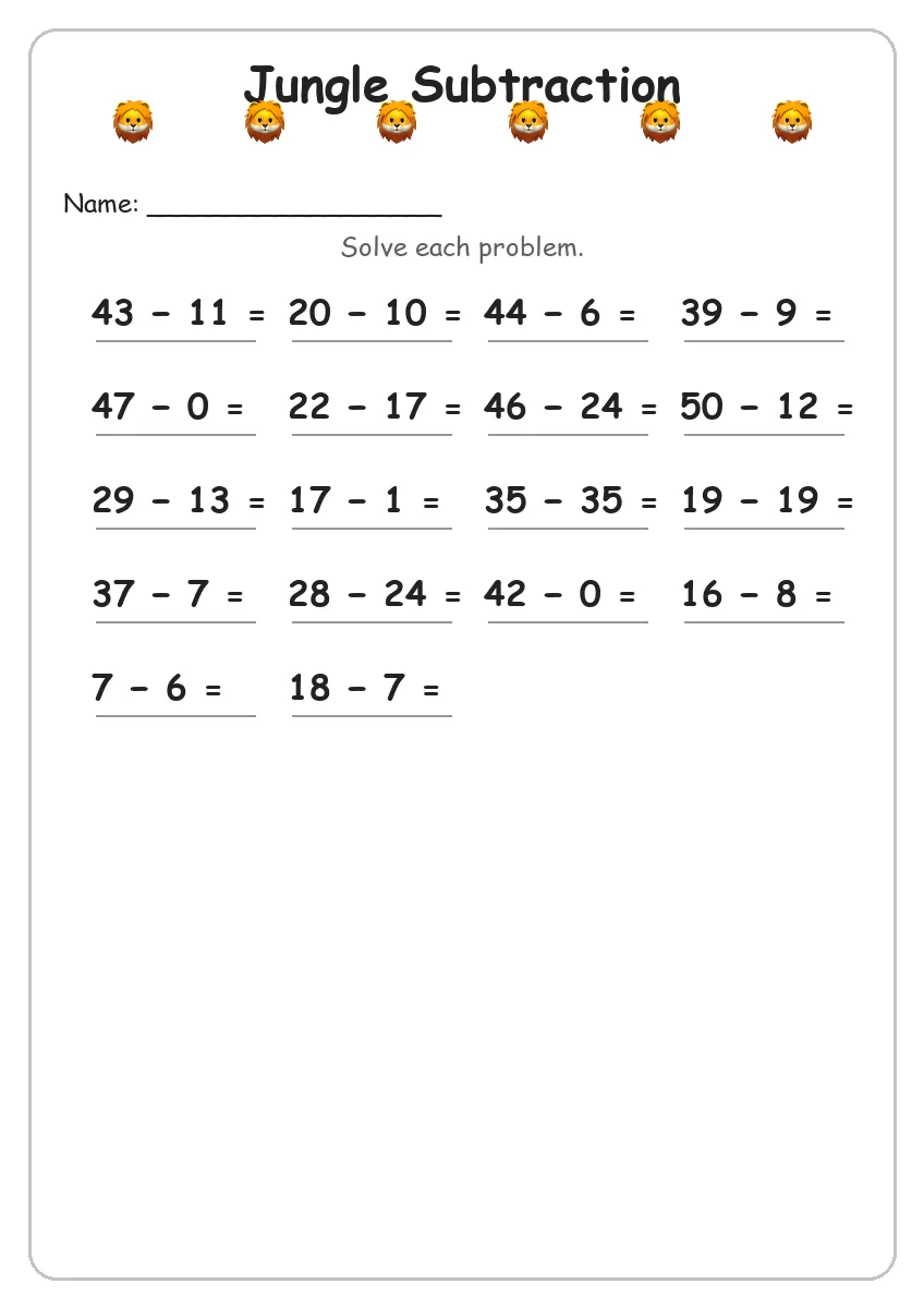 Jungle subtraction worksheet for Grade 2