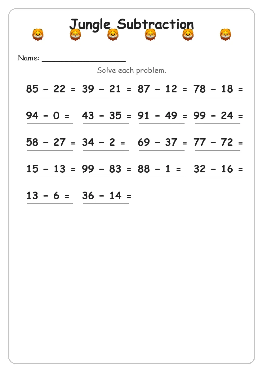 Jungle subtraction worksheet for Grade 3