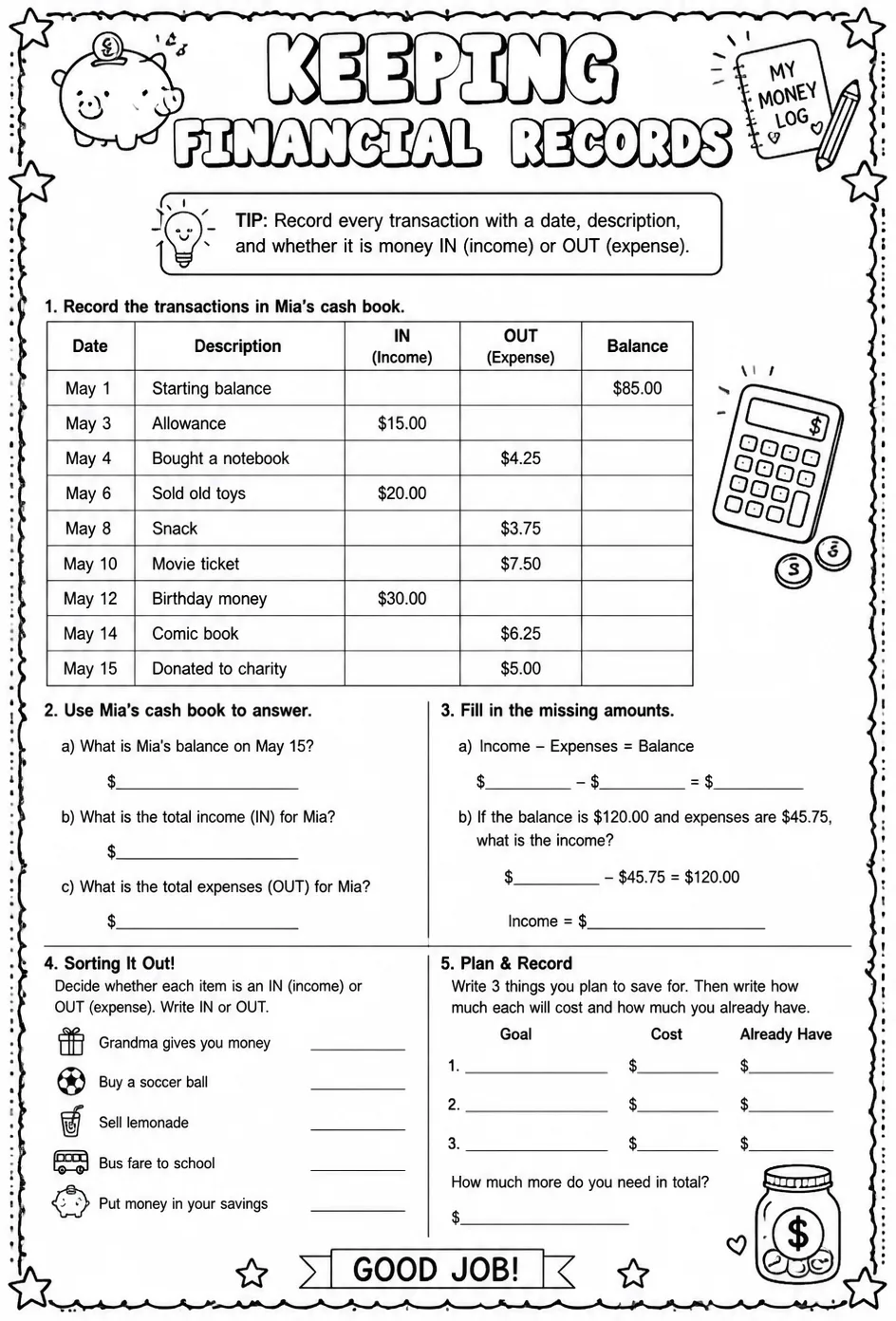 Keeping financial records — free printable Grade 5 math worksheet