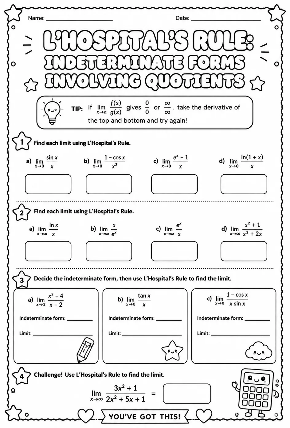 L'Hospital's rule: indeterminate forms involving quotients — free printable Calculus math worksheet