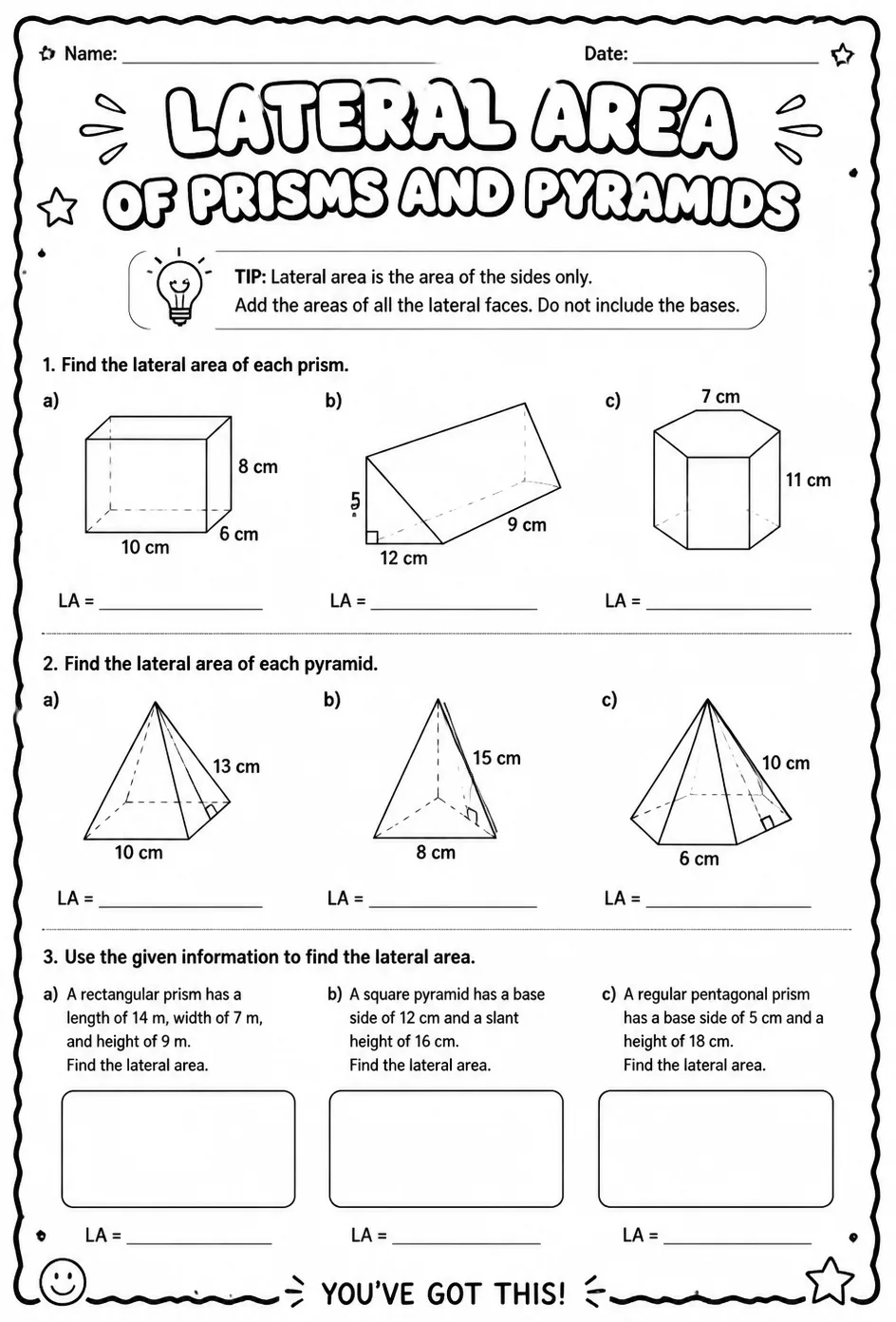 Lateral area of prisms and pyramids — free printable Grade 7 math worksheet