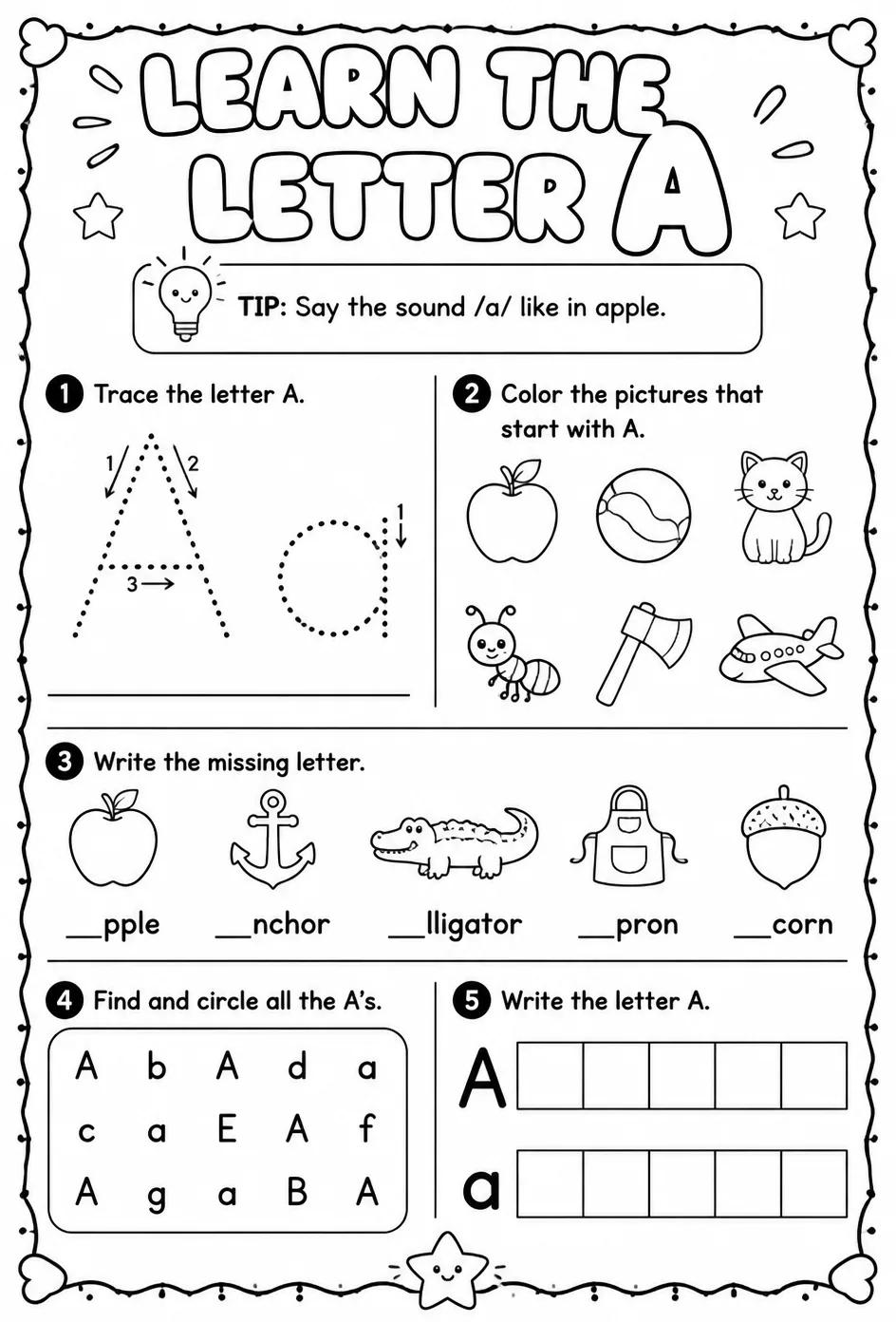 Learn the letter A — free printable Reading foundations English worksheet