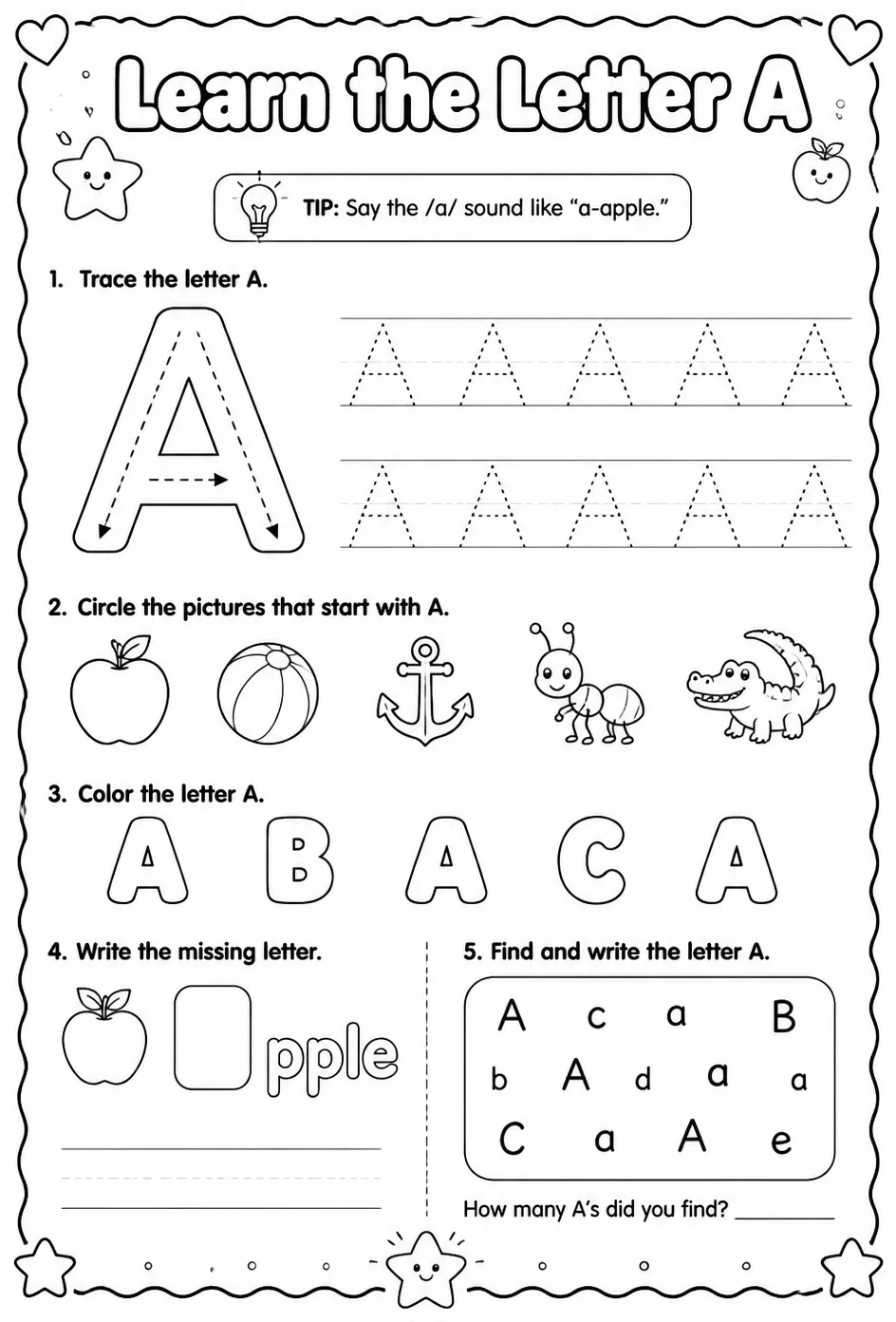 Learn the letter A — free printable Pre-K English & Reading worksheet