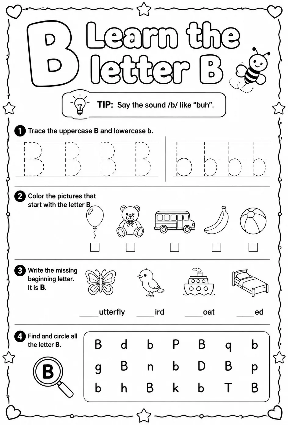 Learn the letter B — free printable Reading foundations English worksheet
