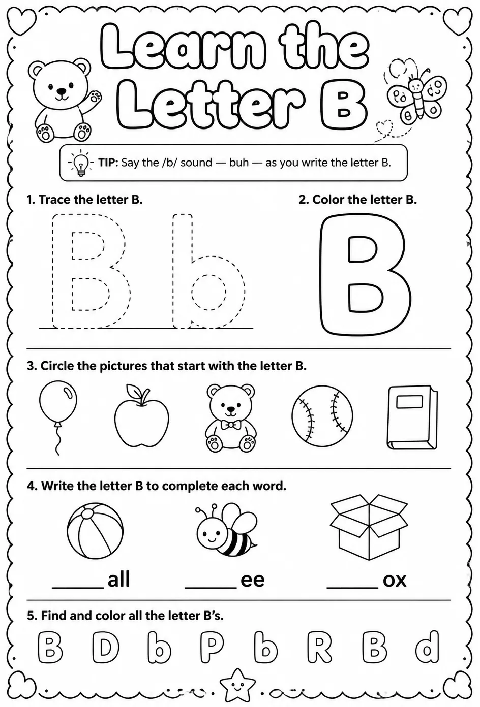 Learn the letter B — free printable Pre-K English & Reading worksheet