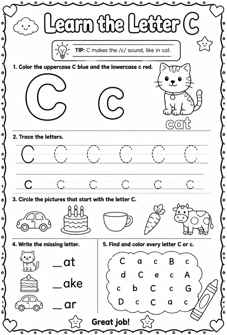 Learn the letter C — free printable Reading foundations English worksheet