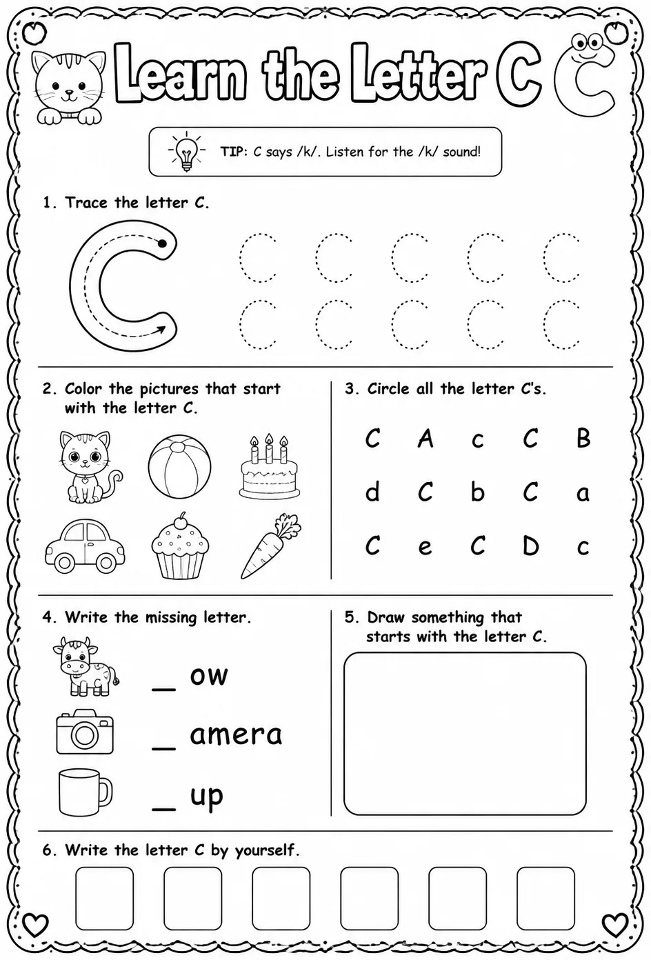 Learn the letter C — free printable Pre-K English & Reading worksheet