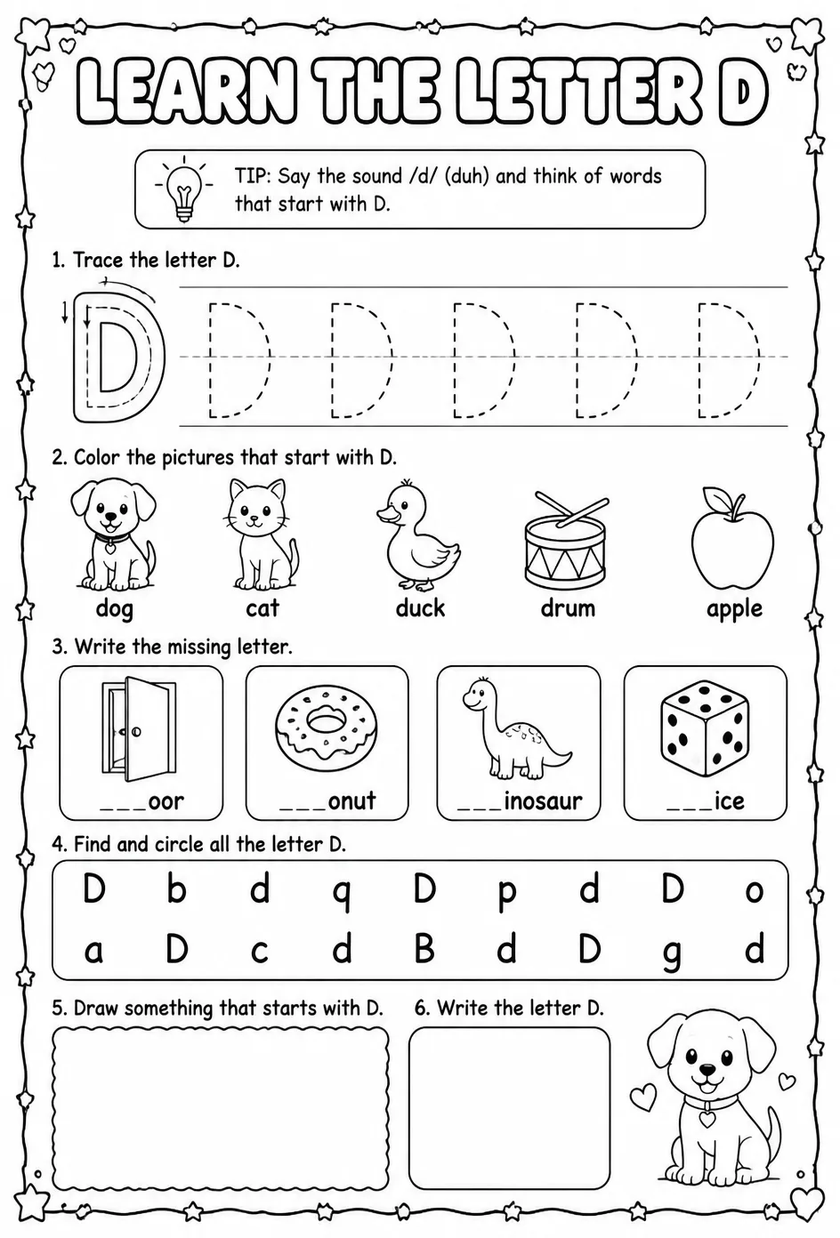 Learn the letter D — free printable Reading foundations English worksheet