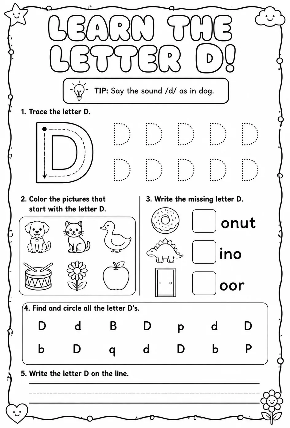 Learn the letter D — free printable Pre-K English & Reading worksheet