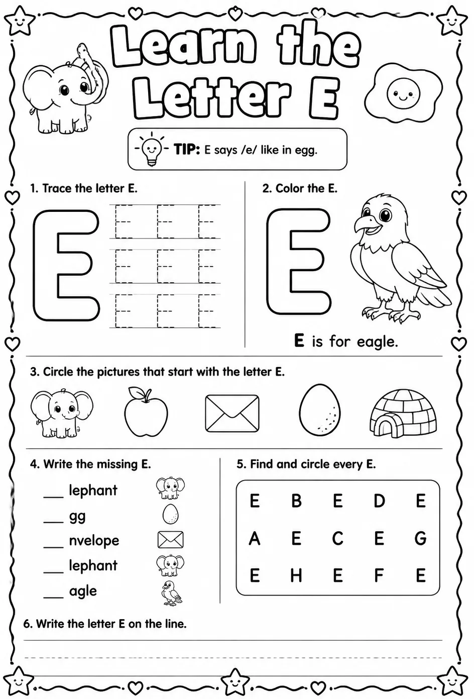 Learn the letter E — free printable Reading foundations English worksheet