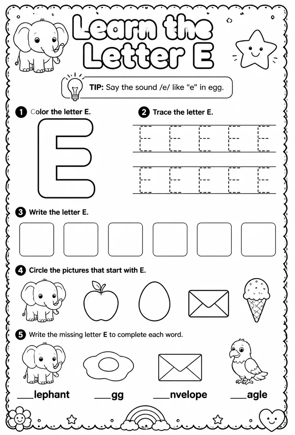 Learn the letter E — free printable Pre-K English & Reading worksheet