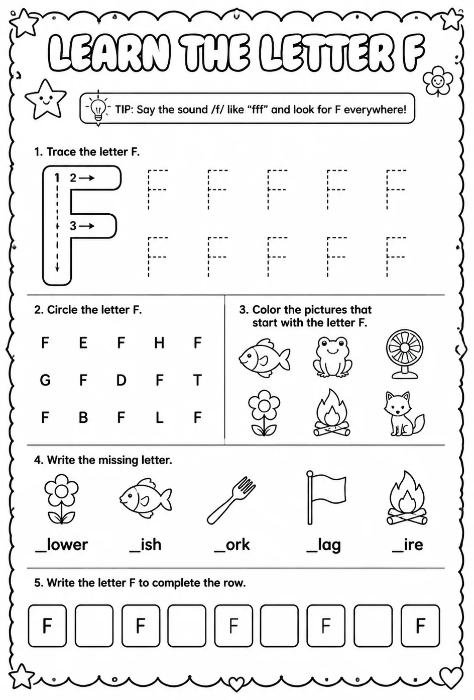Learn the letter F — free printable Reading foundations English worksheet
