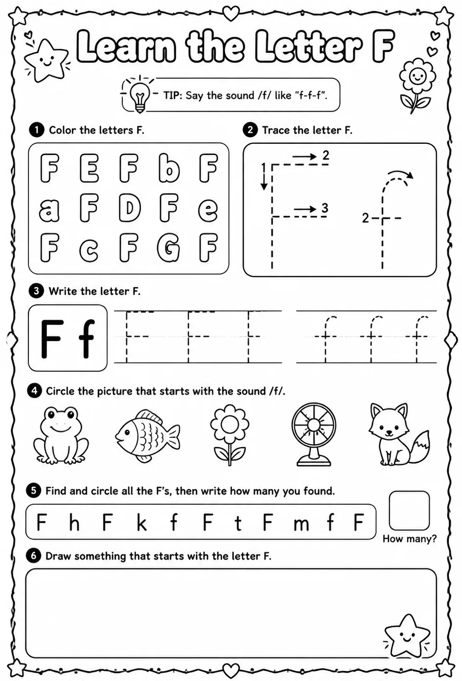 Learn the letter F — free printable Pre-K English & Reading worksheet