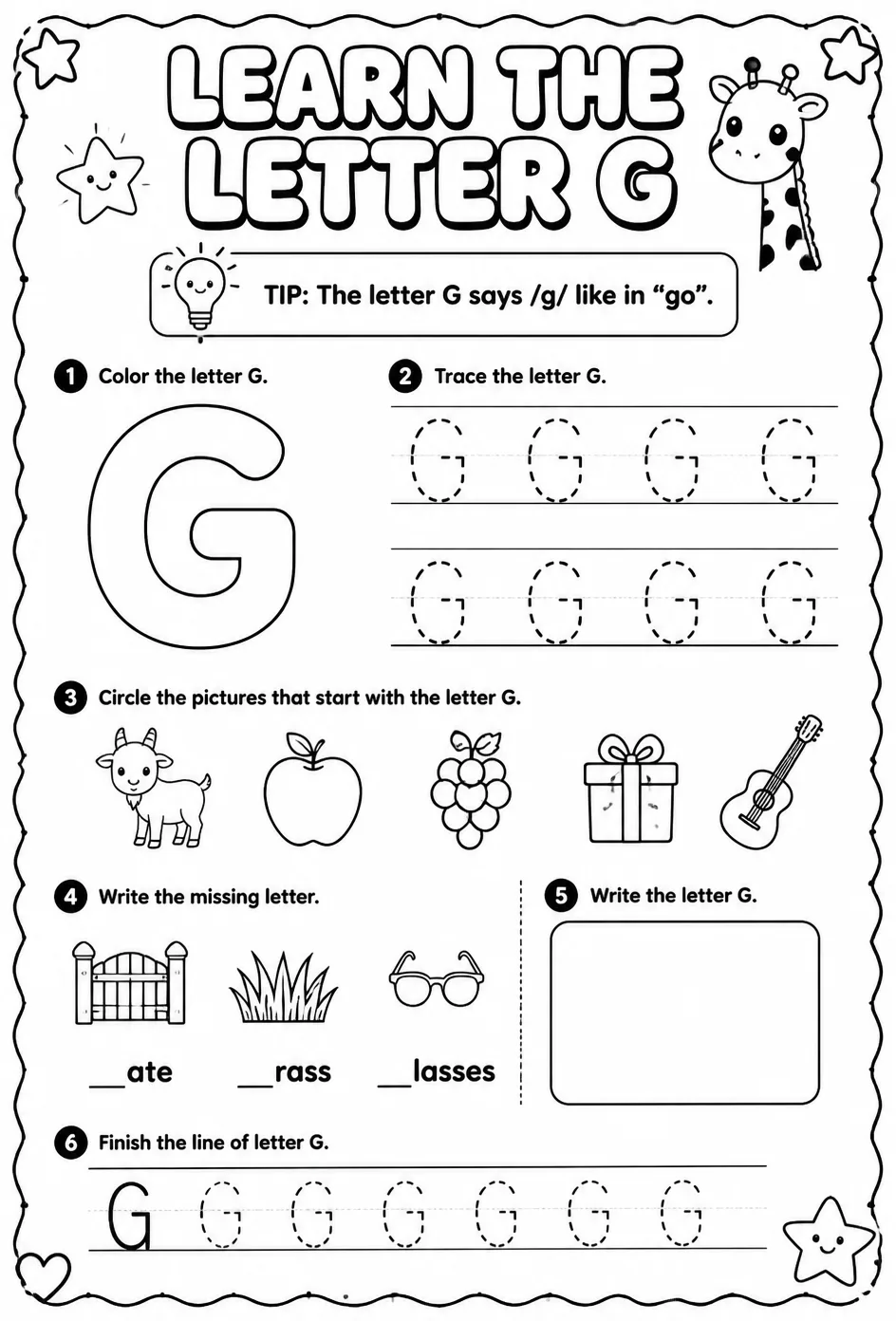 Learn the letter G — free printable Reading foundations English worksheet