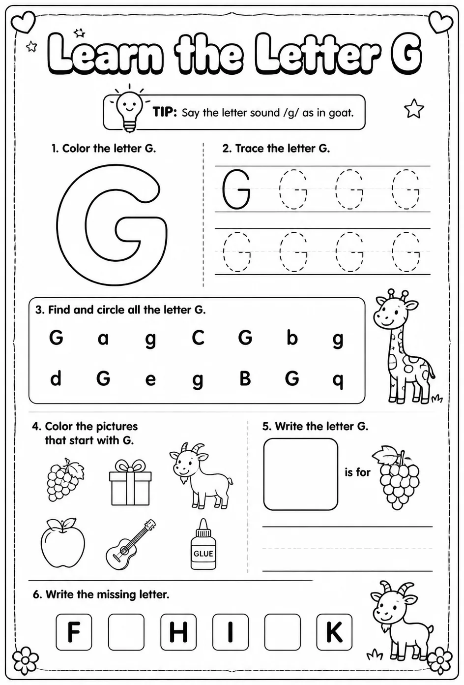 Learn the letter G — free printable Pre-K English & Reading worksheet