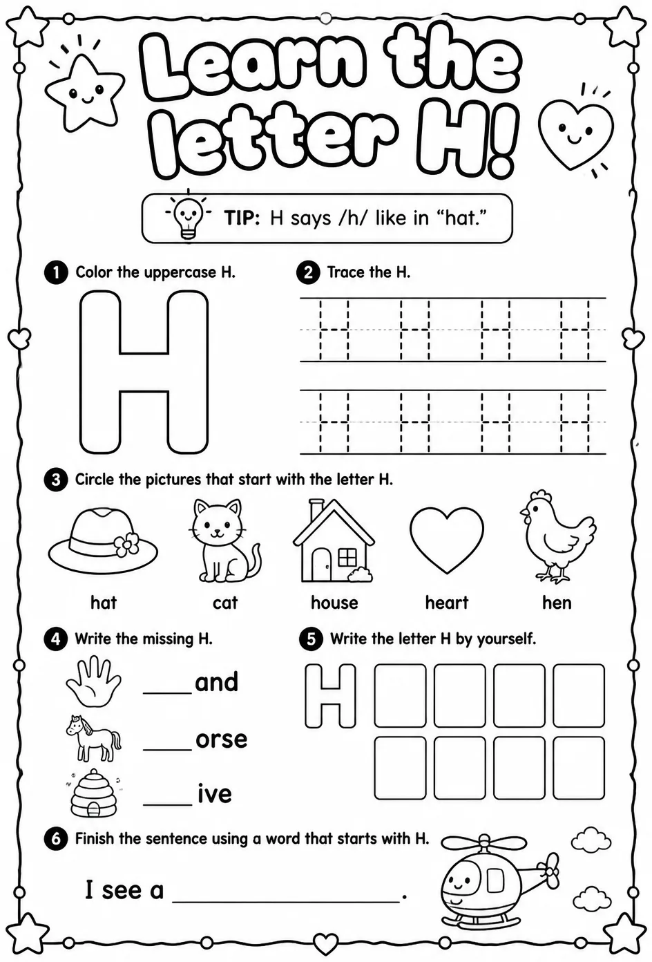 Learn the letter H — free printable Reading foundations English worksheet