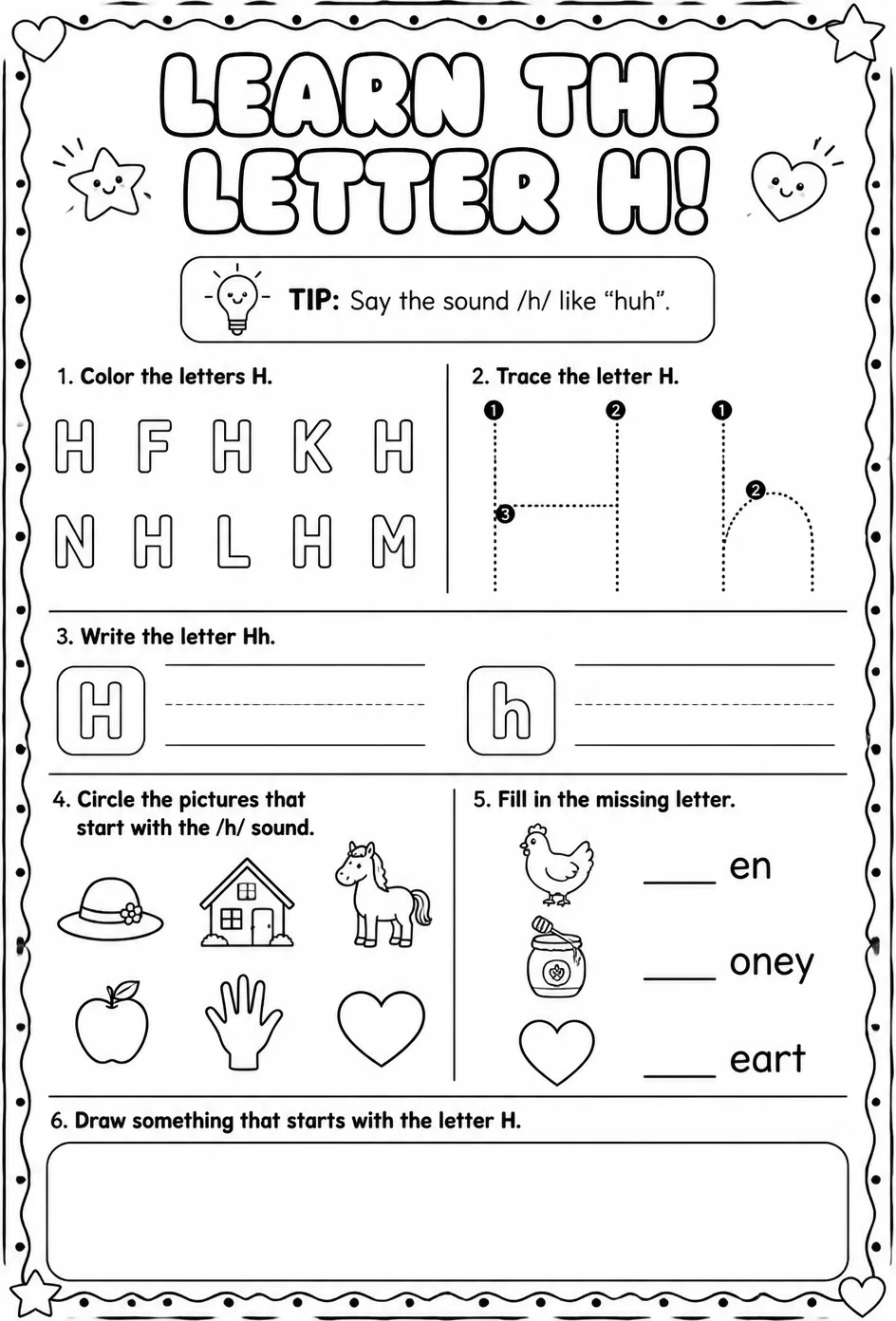 Learn the letter H — free printable Pre-K English & Reading worksheet