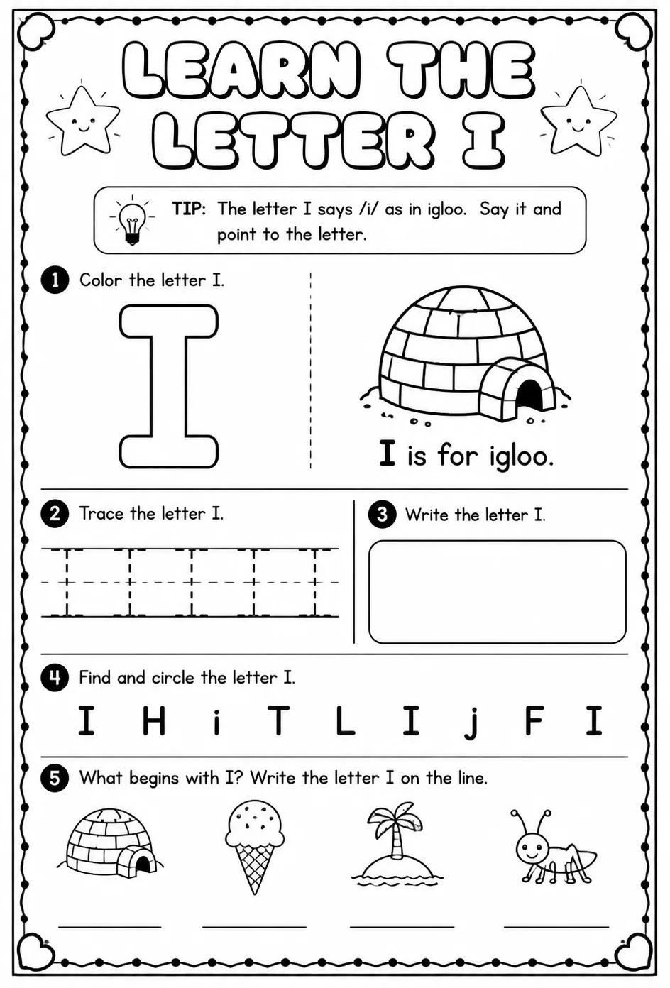 Learn the letter I — free printable Pre-K English & Reading worksheet
