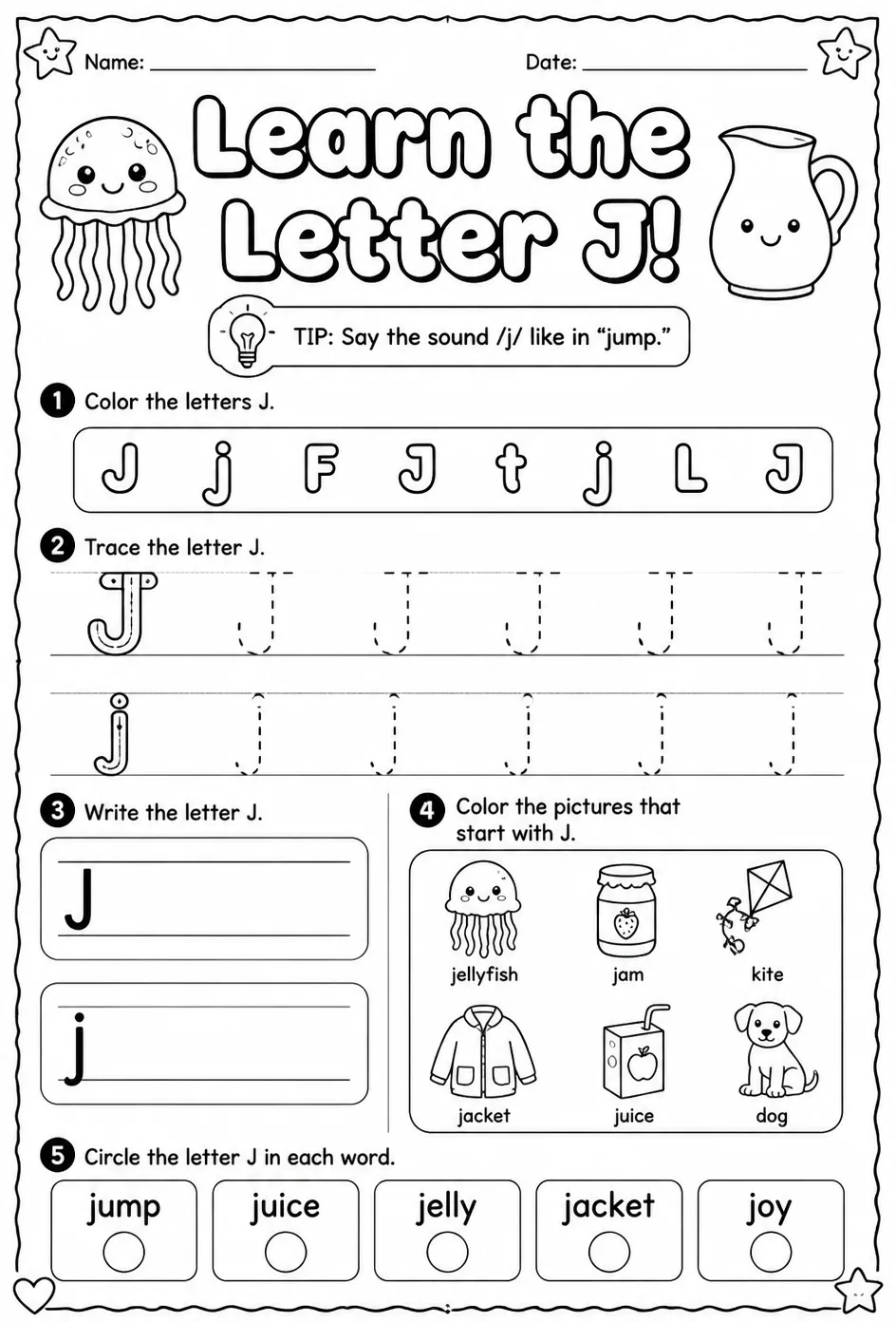 Learn the letter J — free printable Reading foundations English worksheet
