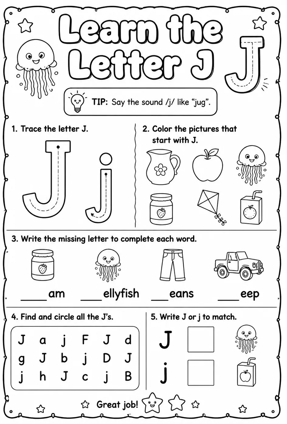 Learn the letter J — free printable Pre-K English & Reading worksheet