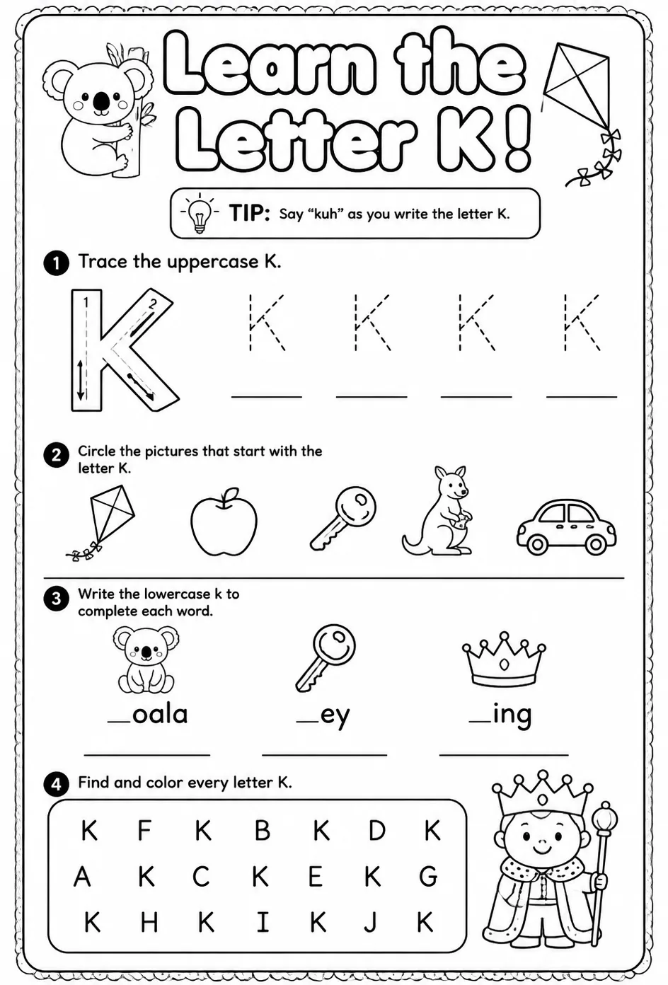 Learn the letter K — free printable Reading foundations English worksheet