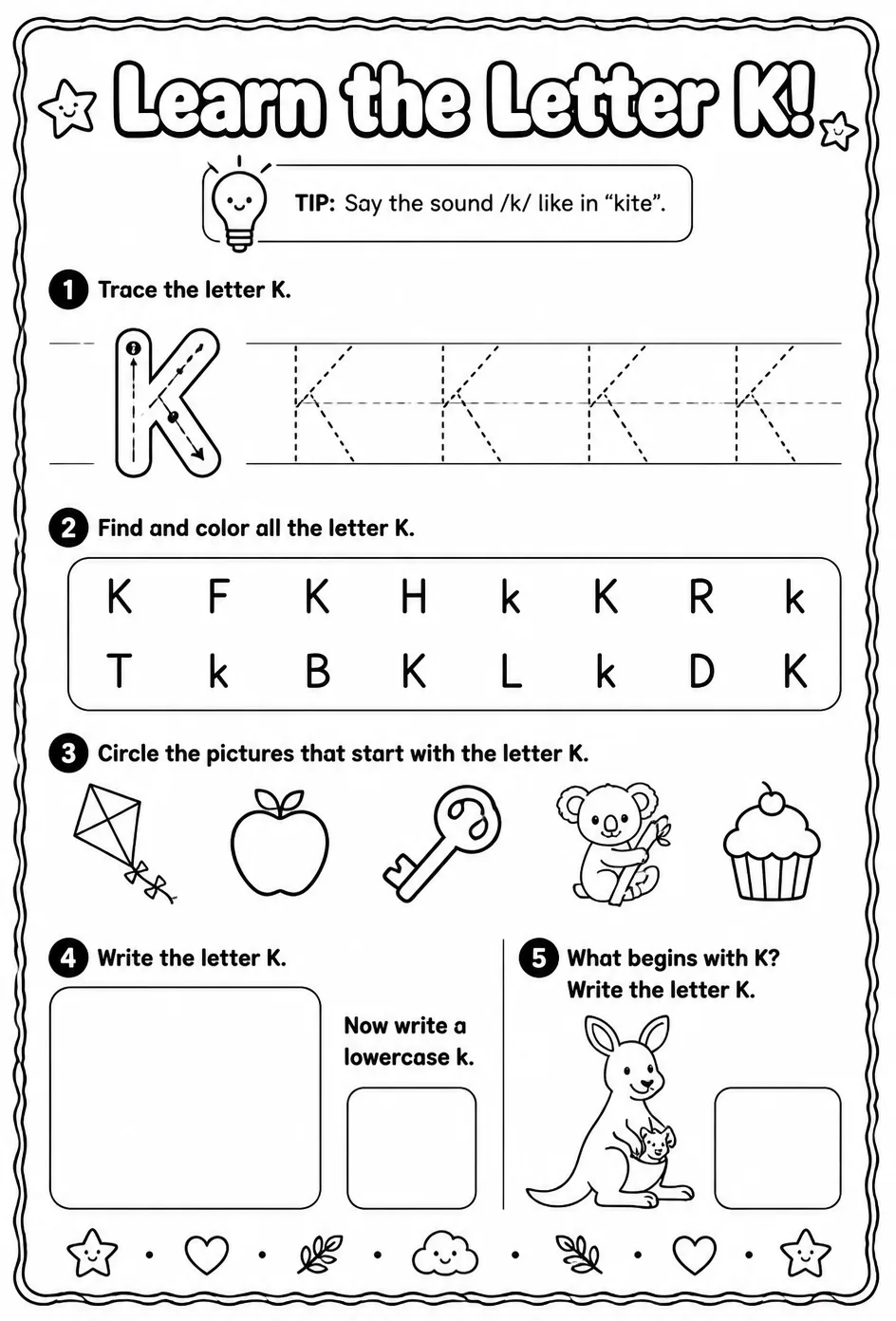 Learn the letter K — free printable Pre-K English & Reading worksheet