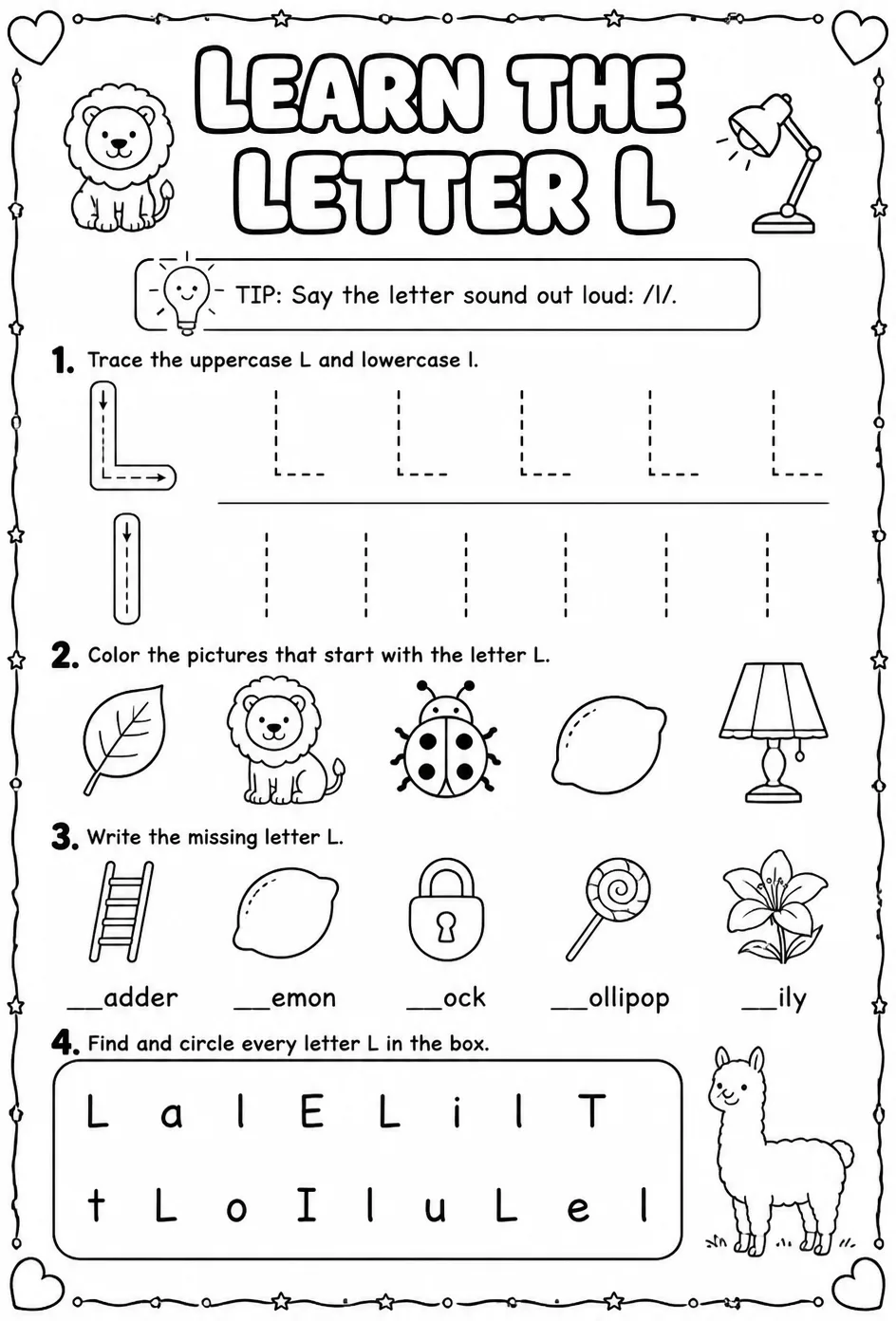 Learn the letter L — free printable Reading foundations English worksheet