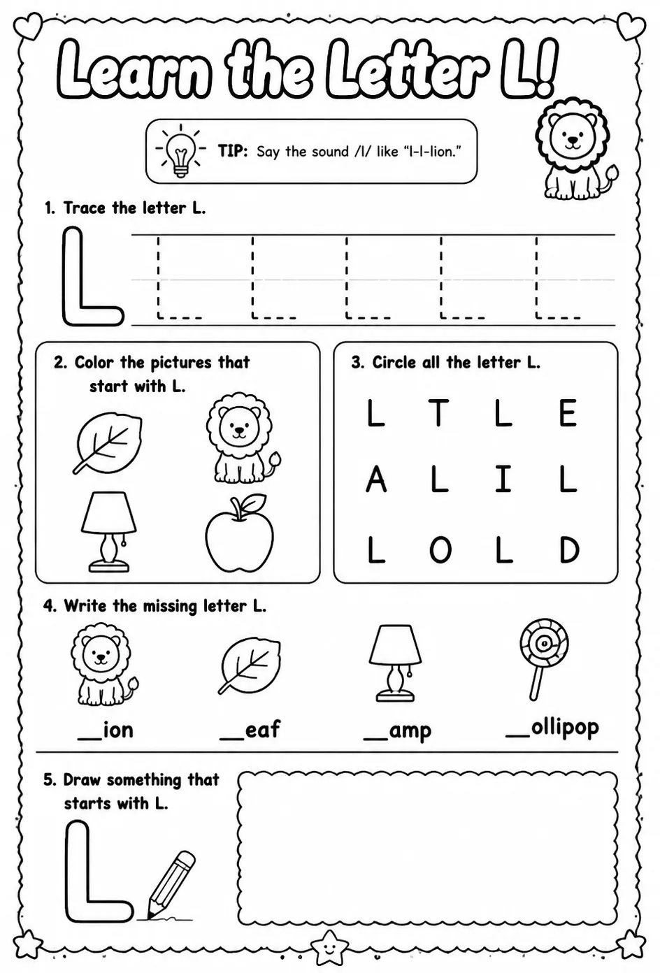 Learn the letter L — free printable Pre-K English & Reading worksheet