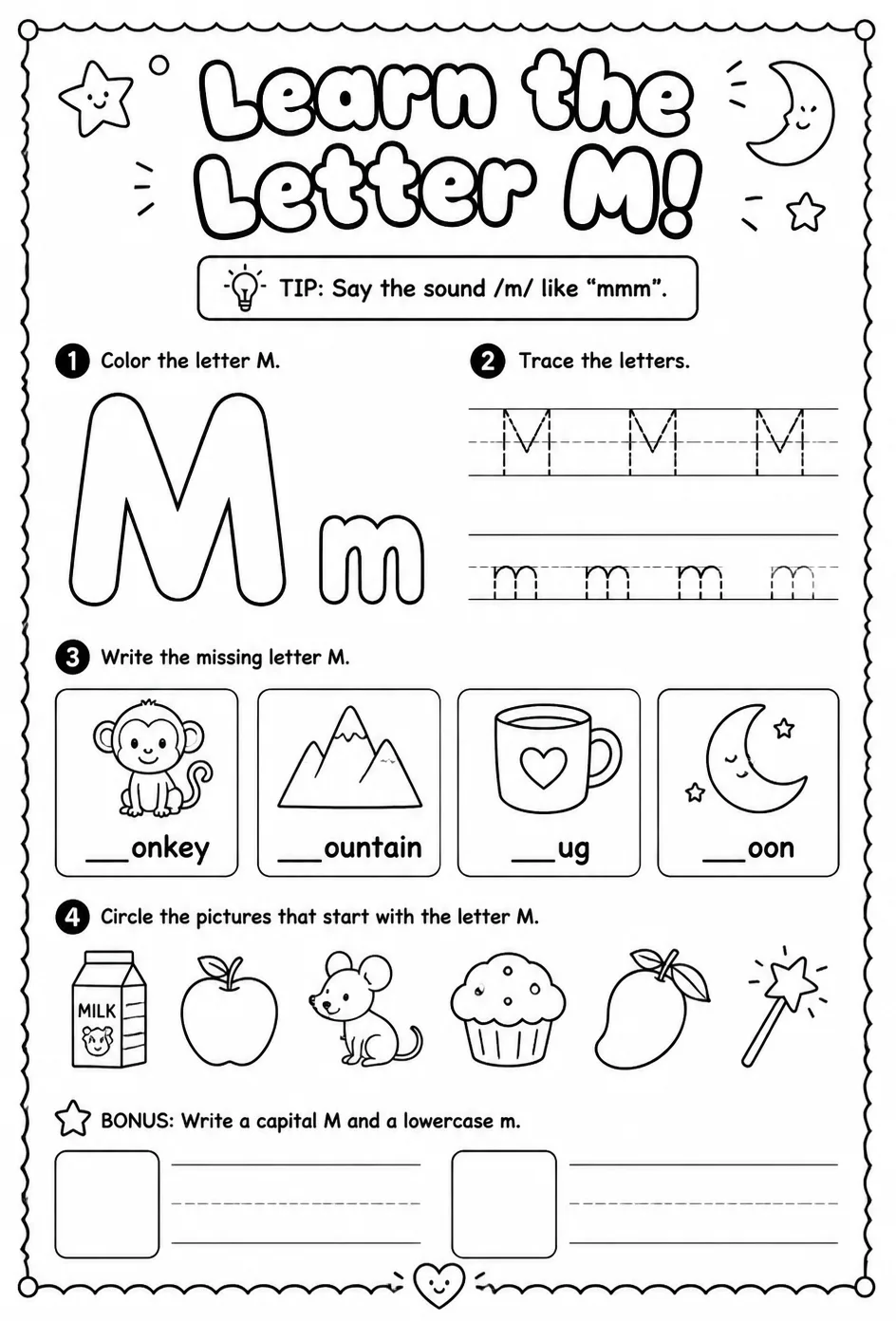 Learn the letter M — free printable Reading foundations English worksheet