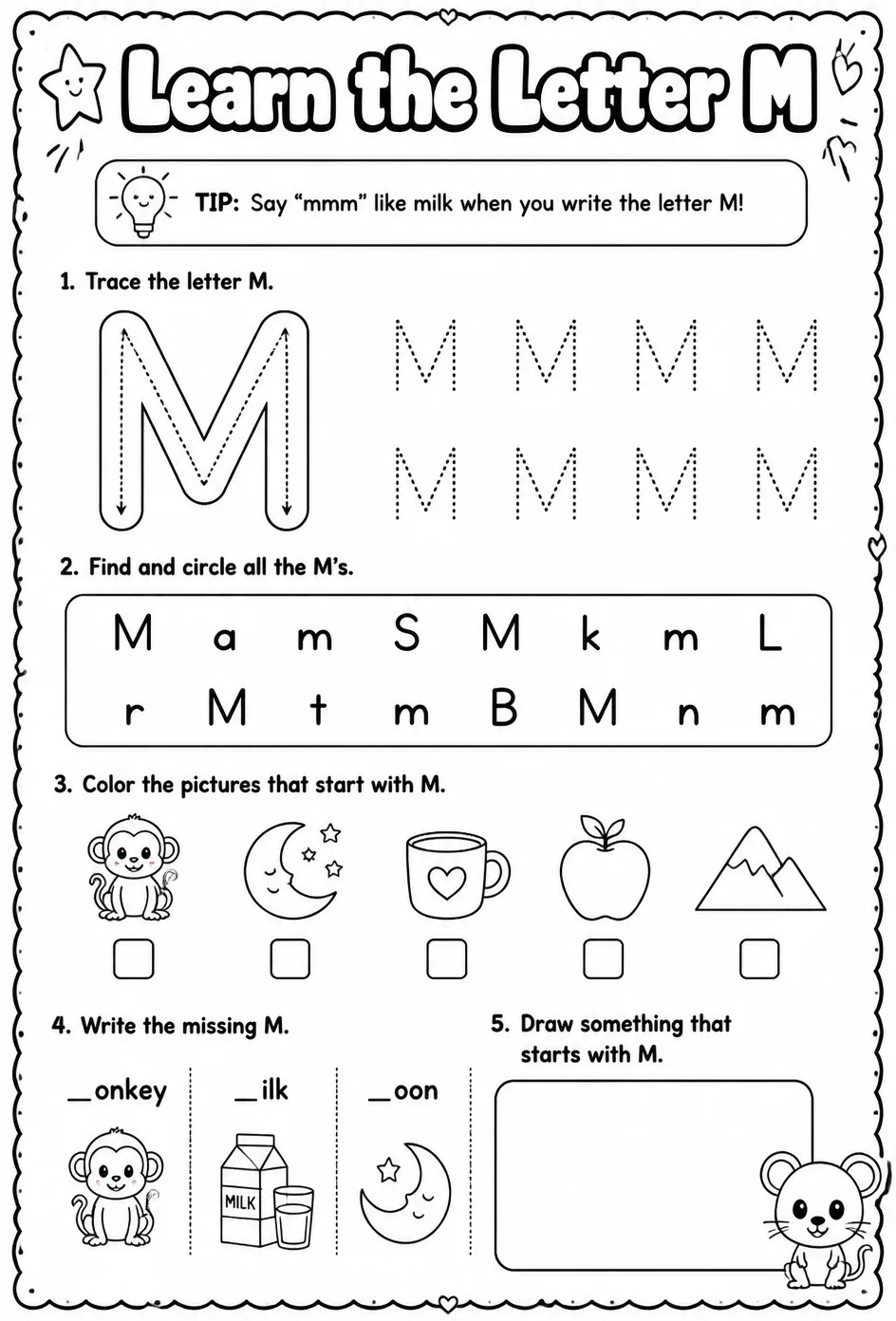 Learn the letter M — free printable Pre-K English & Reading worksheet